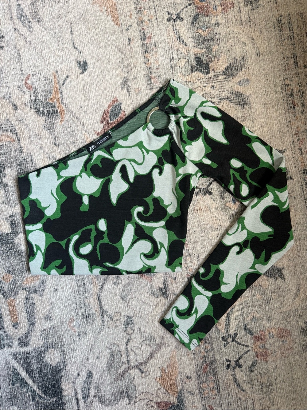 Zara Green Black Abstract One-Shoulder Crop Top